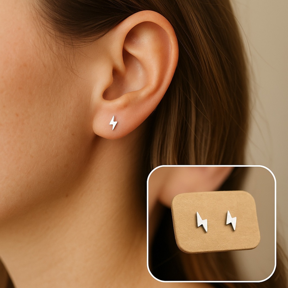 Tiny Lightning Bolt Stud Earrings Silver Surgical Steel | NEW - Picture 2 of 8